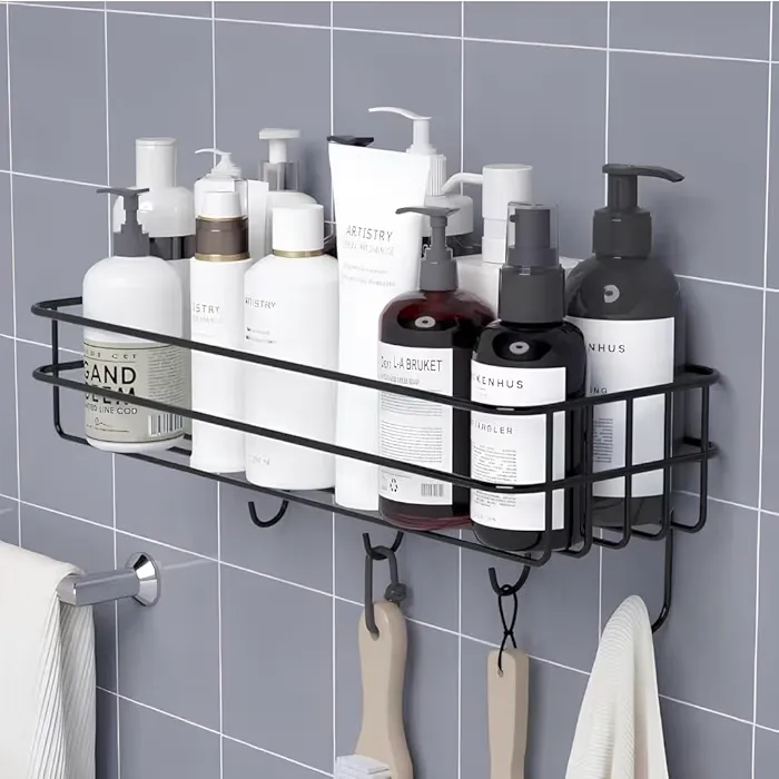 Bathroom Shelf with Hooks - Space-Saving Wall Mounted Shelf for Bathroom Essentials - Durable, No-Drill Required - Sleek Design. (Pack of 1)